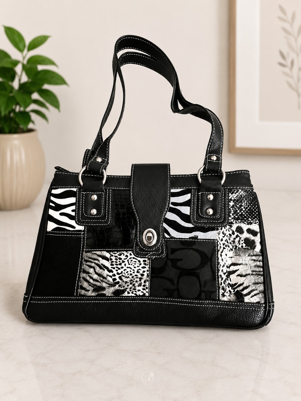 Black Patchwork Animal-Print Shoulder Bag
